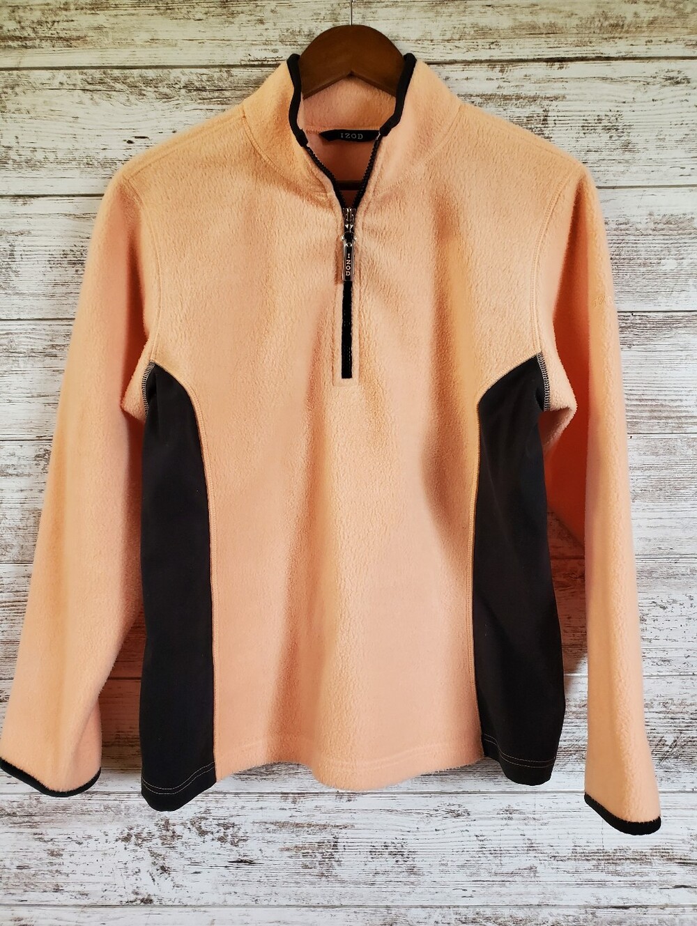 Vintage IZOD Womens 1/4 Zip Fleece Pullover Peach Black Colorblock Jacket